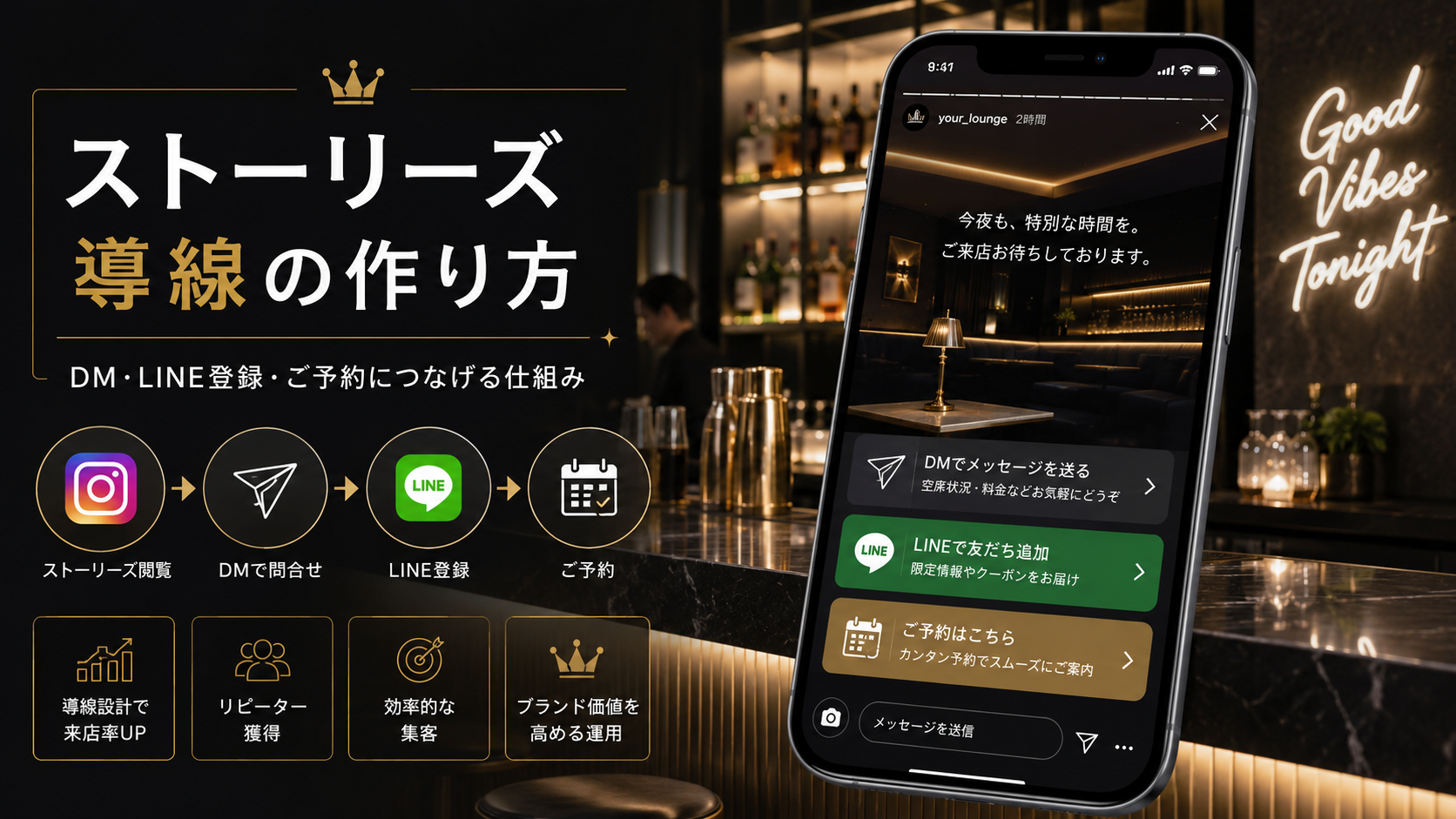 夜職Instagramストーリーズ導線の作り方を解説するスマホUIとラウンジ背景のアイキャッチ画像